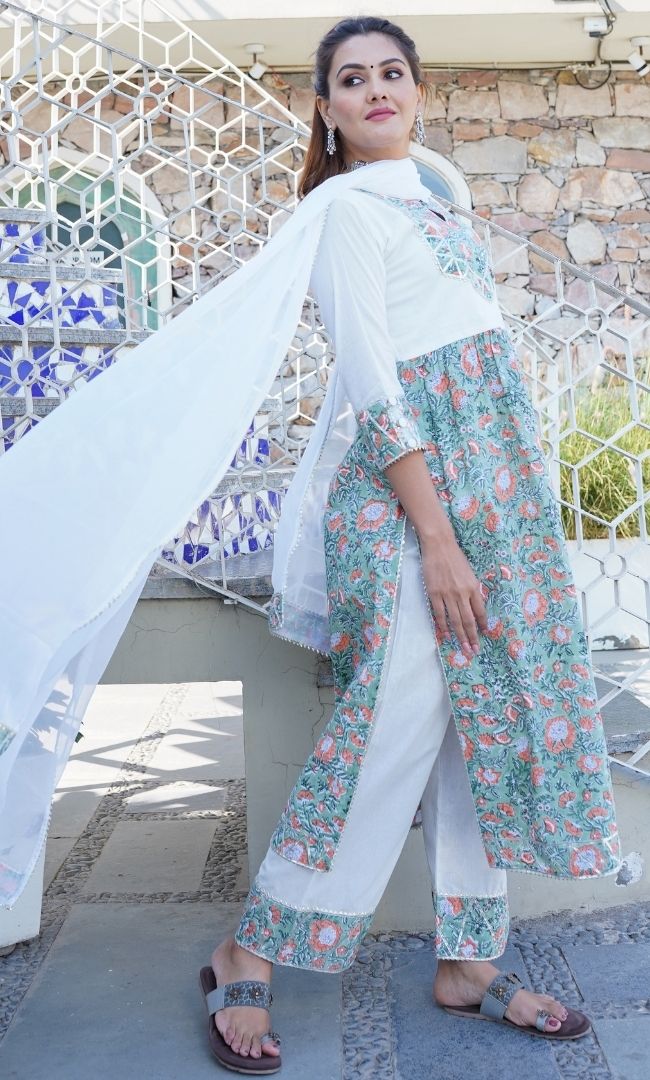 MINT GREEN AND WHITE STRAIGHT GATHER KURTA PANT WITH DUPATTA SET