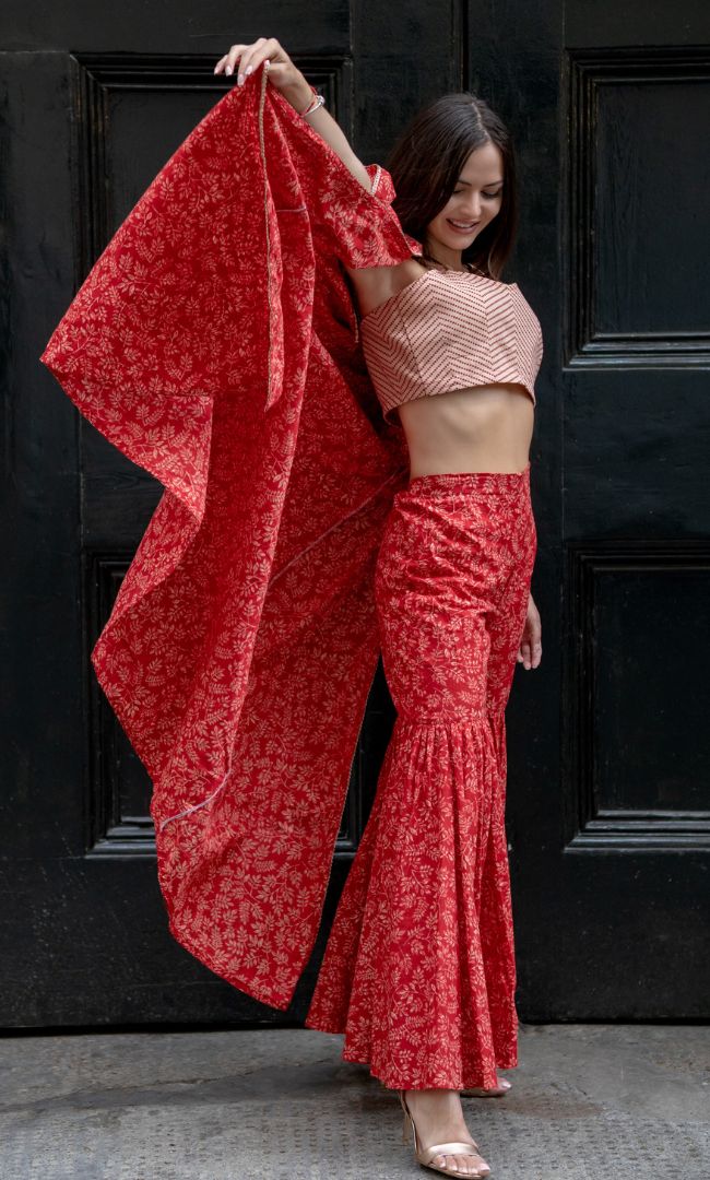 CRIMSON RED CAPE WITH CROP TOP & SHARARA