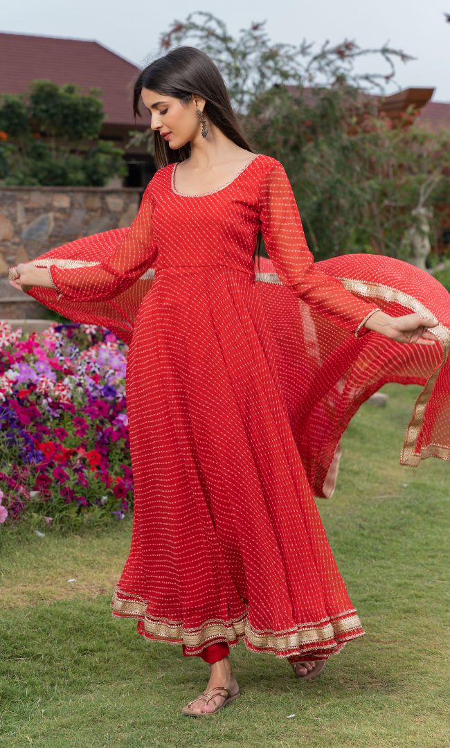 RED BANDHANI ANARKALI SET