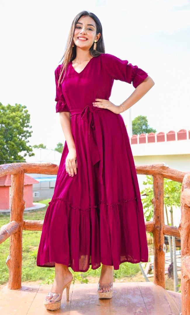 BURGUNDY SLUB FLARED DRESS