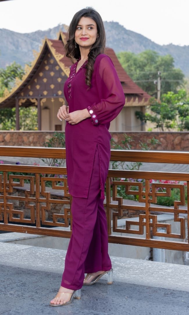 WINE MIRROR WORK KURTA SET