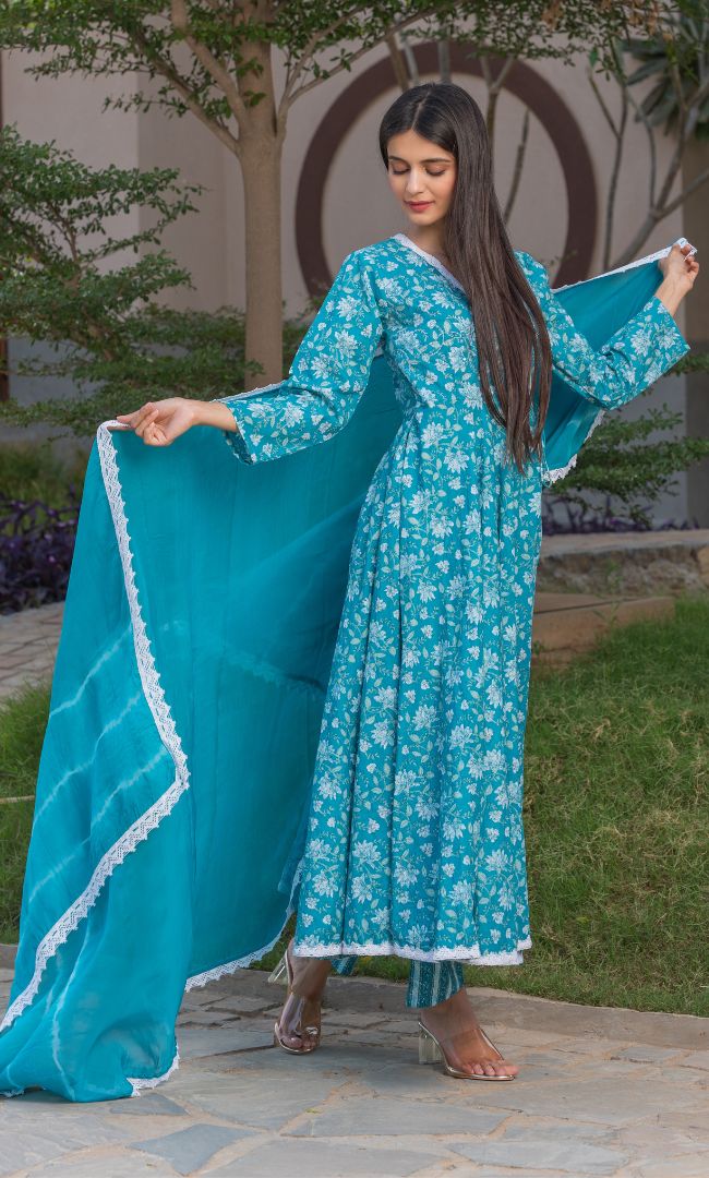 SEA GREEN FLORAL ANGRAKHA SET