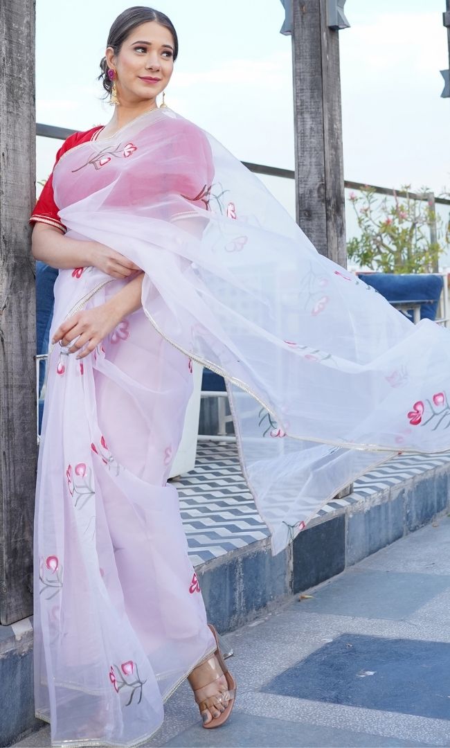 PINK ORGANZA HAND PAINTED SAREE