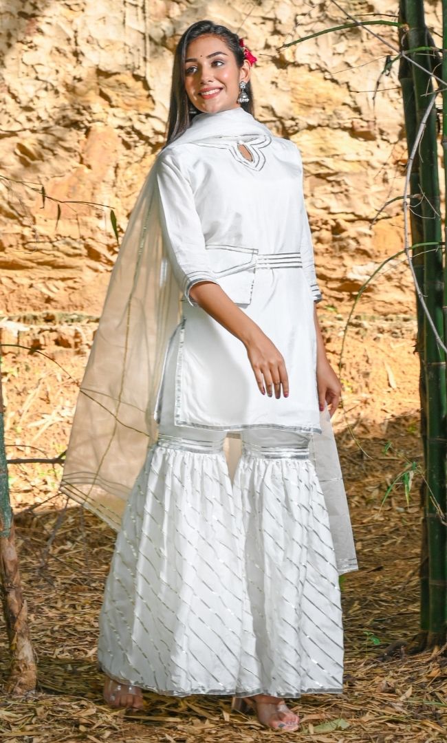 PEARL WHITE KURTA WITH SHARARA SET