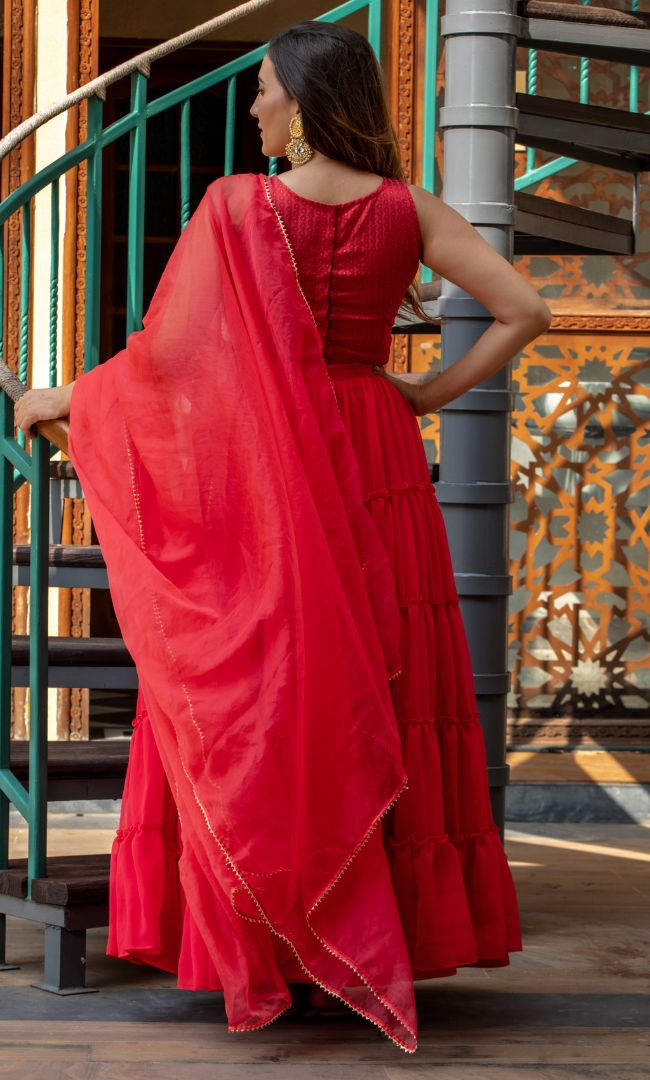 POPPIES RED TIRED LEHENGA SET