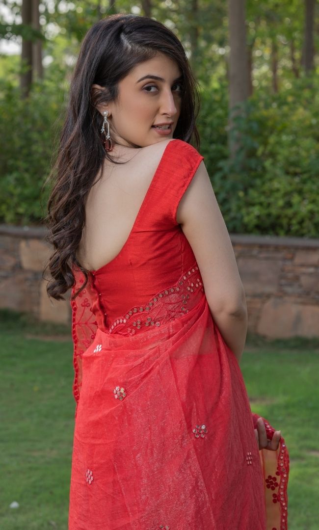 HOT RED MIRROR WORK SAREE