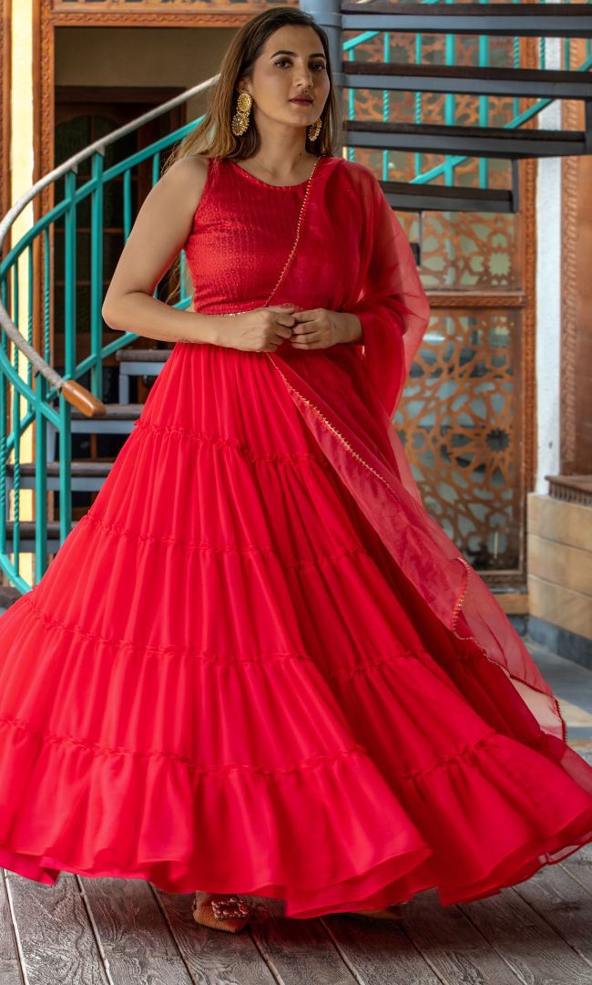 POPPIES RED TIRED LEHENGA SET