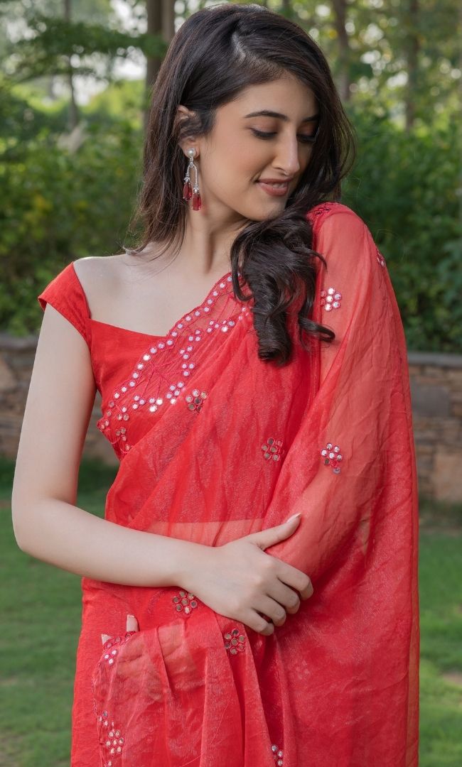 HOT RED MIRROR WORK SAREE