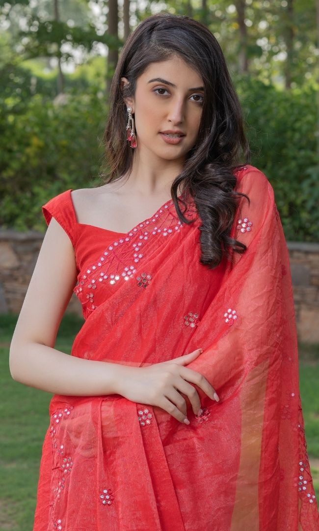 HOT RED MIRROR WORK SAREE