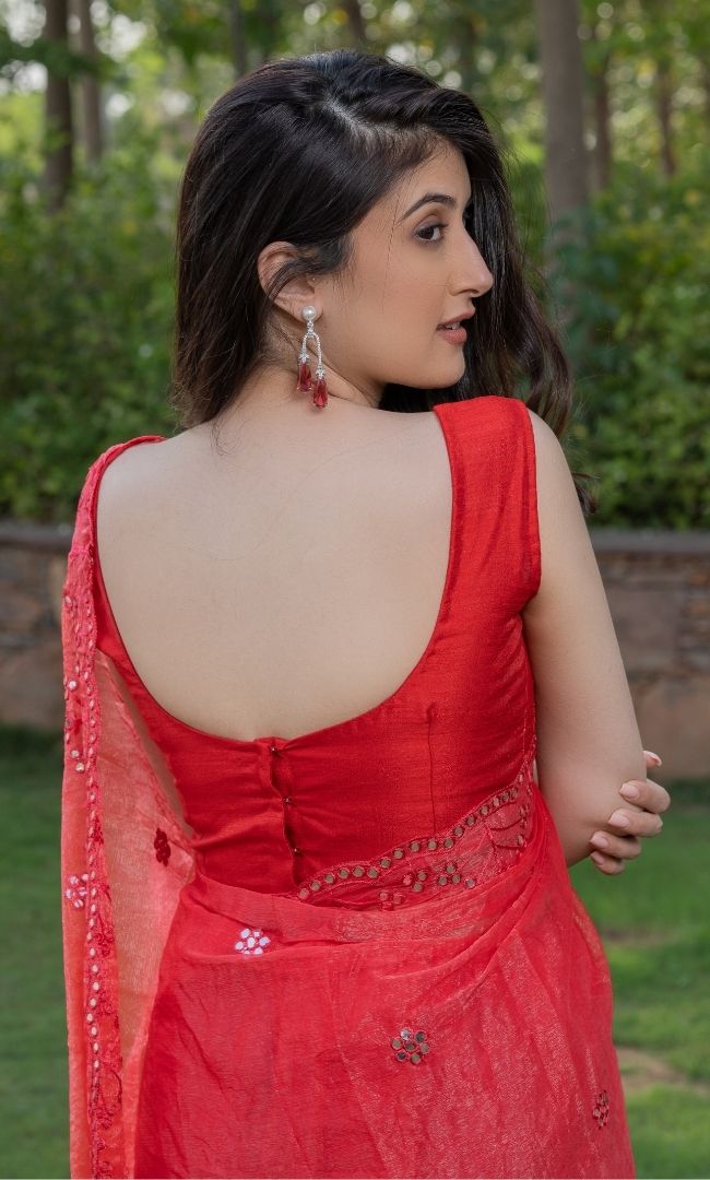 HOT RED MIRROR WORK SAREE