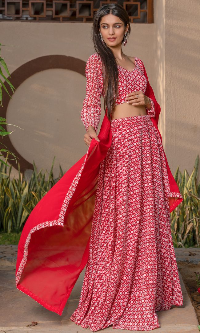 Red Embroidered Lehenga Set