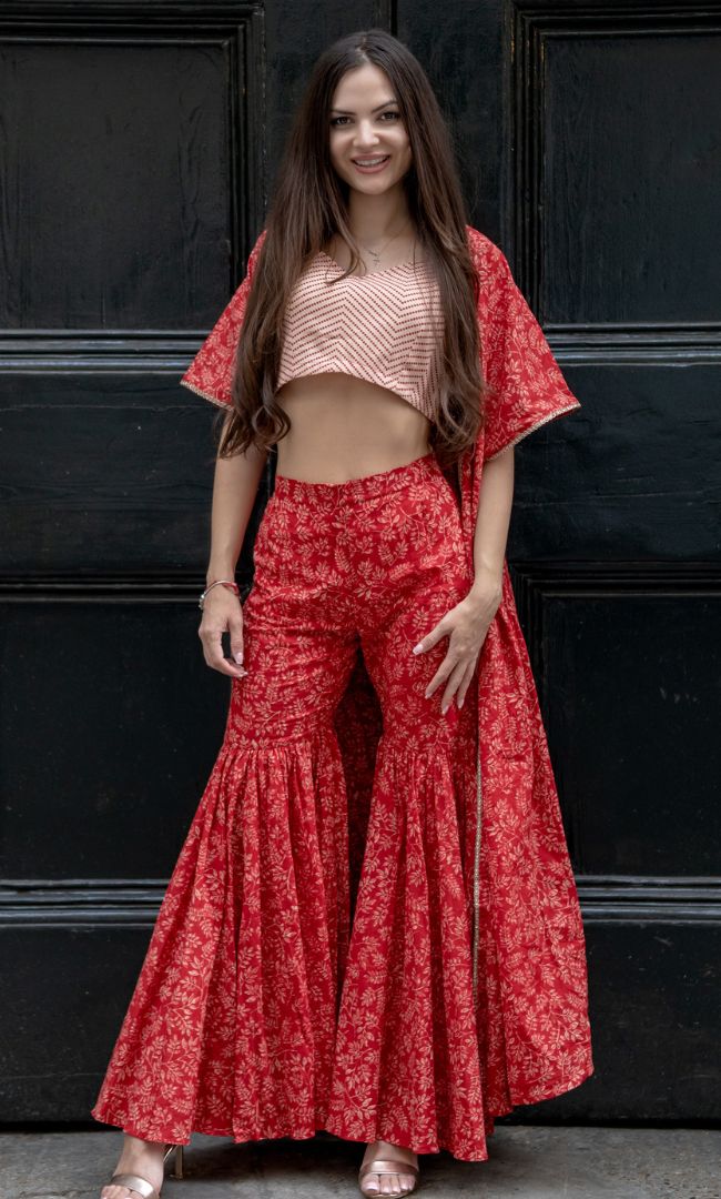 CRIMSON RED CAPE WITH CROP TOP & SHARARA