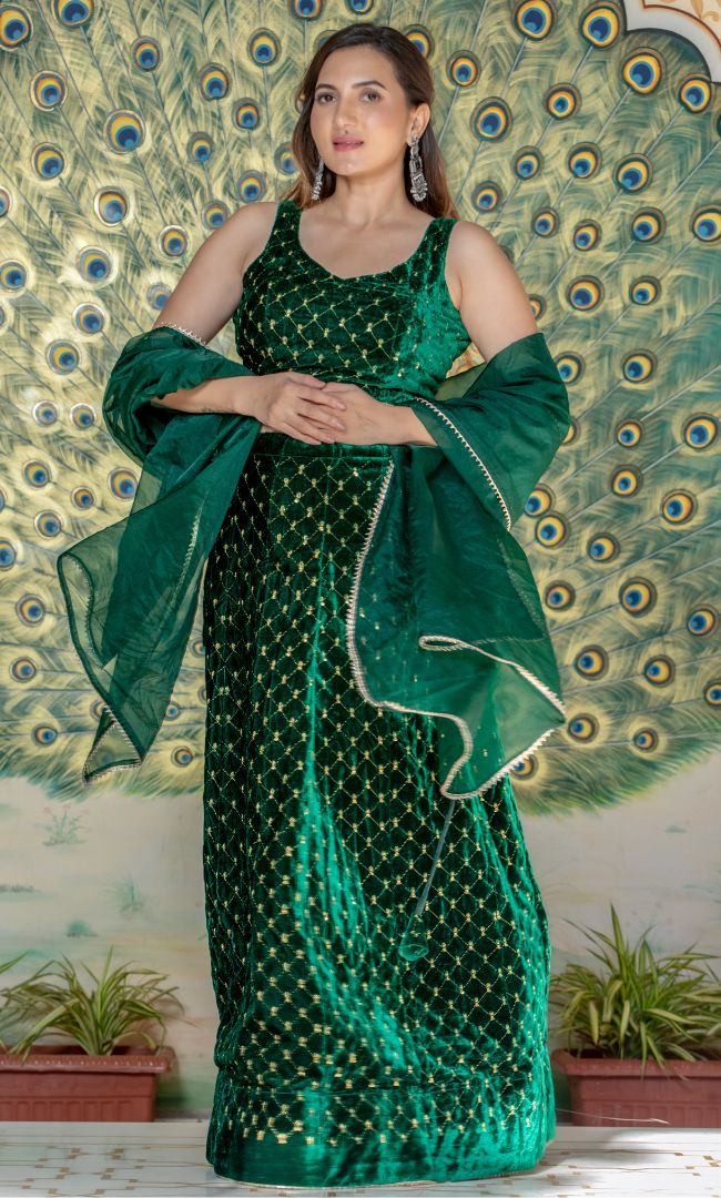 COBALT GREEN CROSS SEQURNCE VELVET LEHENGA SET