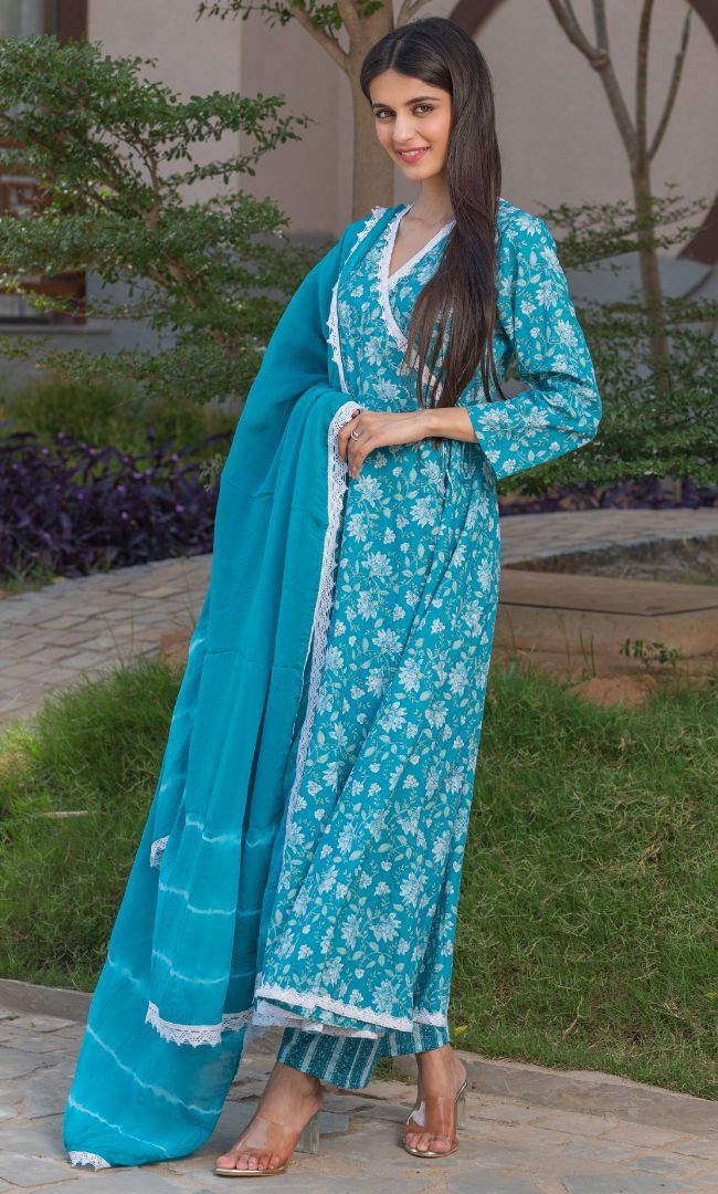 SEA GREEN FLORAL ANGRAKHA SET