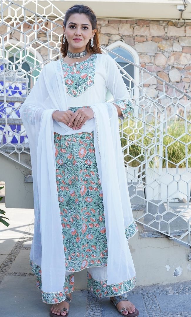MINT GREEN AND WHITE STRAIGHT GATHER KURTA PANT WITH DUPATTA SET
