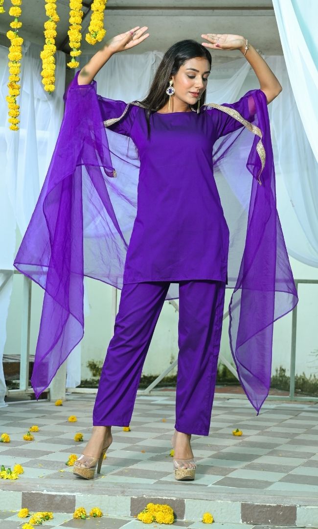 COSMOS PURPLE SHORT KURTA PANT WITH CAPE