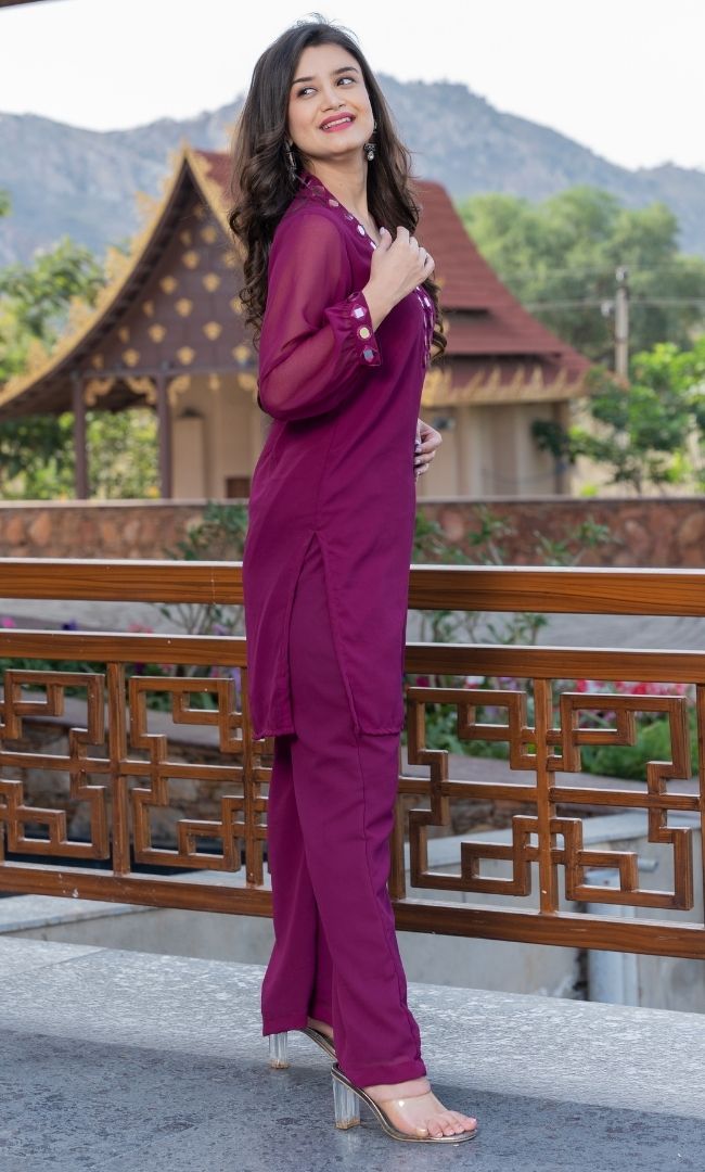 WINE MIRROR WORK KURTA SET