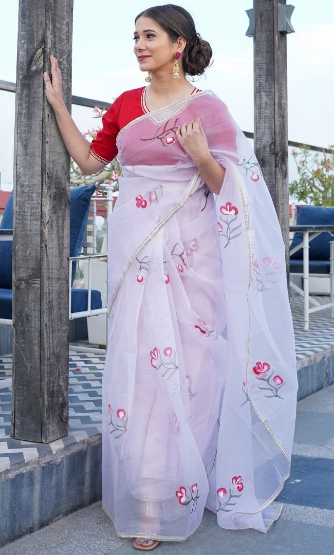 PINK ORGANZA HAND PAINTED SAREE