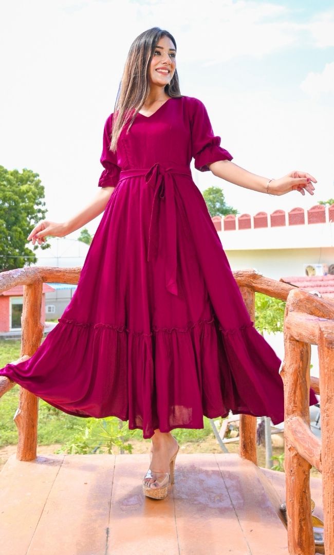 BURGUNDY SLUB FLARED DRESS