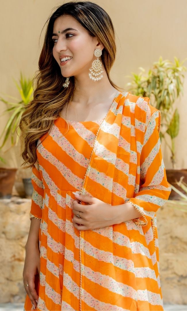 ORANGE TANGO LEHERIYA KALIDAR KURTA PANT WITH DUPATTA SET