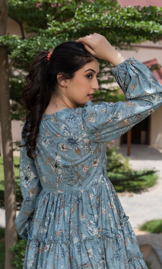 Subtle Grey Tropical Printed Dress