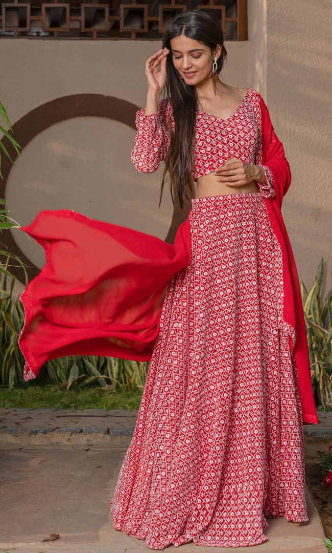 Red Embroidered Lehenga Set