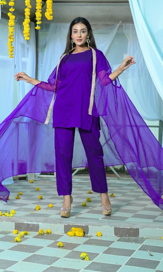 COSMOS PURPLE SHORT KURTA PANT WITH CAPE