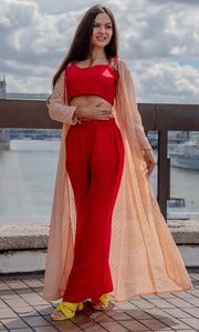 ROSE RED CROP TOP & FLARED PANT WITH PEACH SHRUG