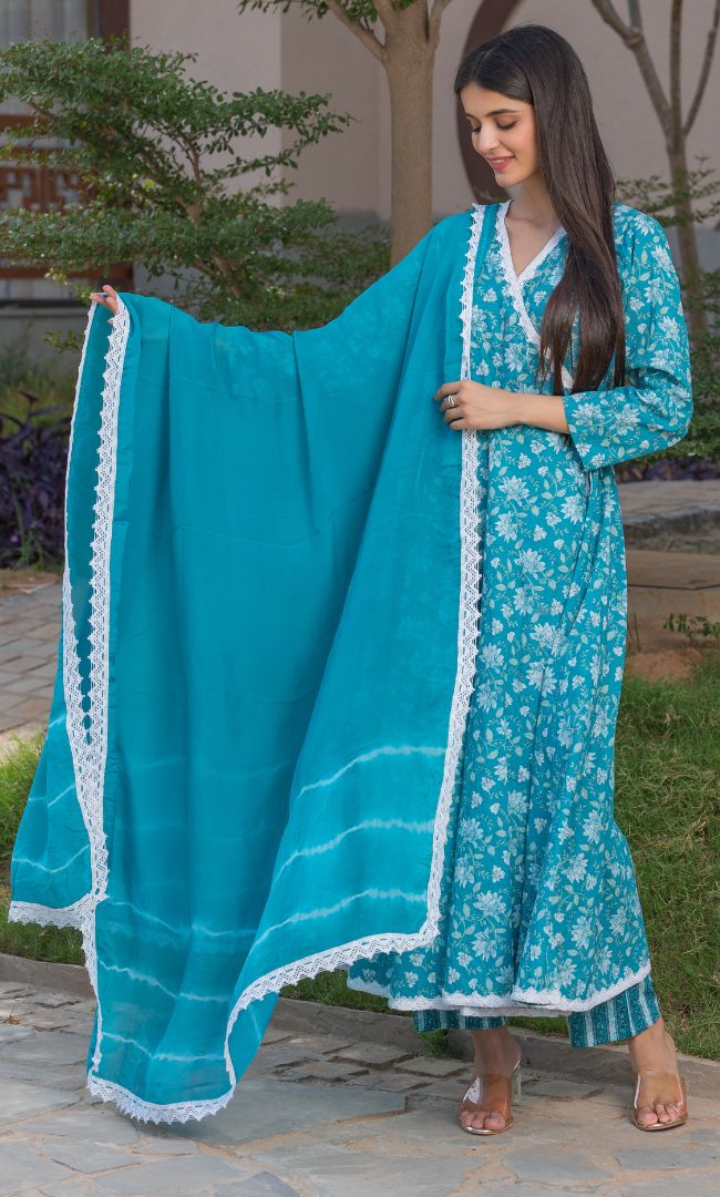 SEA GREEN FLORAL ANGRAKHA SET