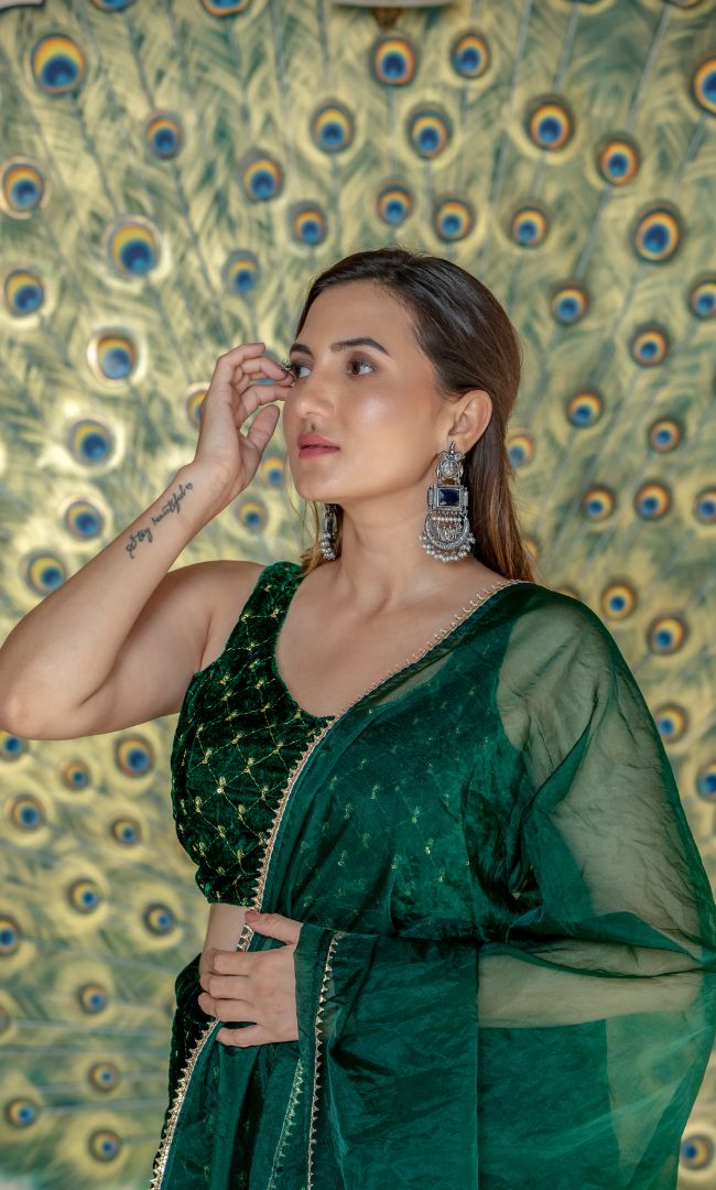 COBALT GREEN CROSS SEQURNCE VELVET LEHENGA SET