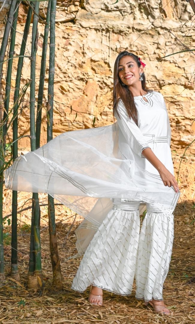 PEARL WHITE KURTA WITH SHARARA SET