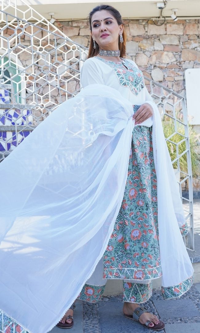 MINT GREEN AND WHITE STRAIGHT GATHER KURTA PANT WITH DUPATTA SET