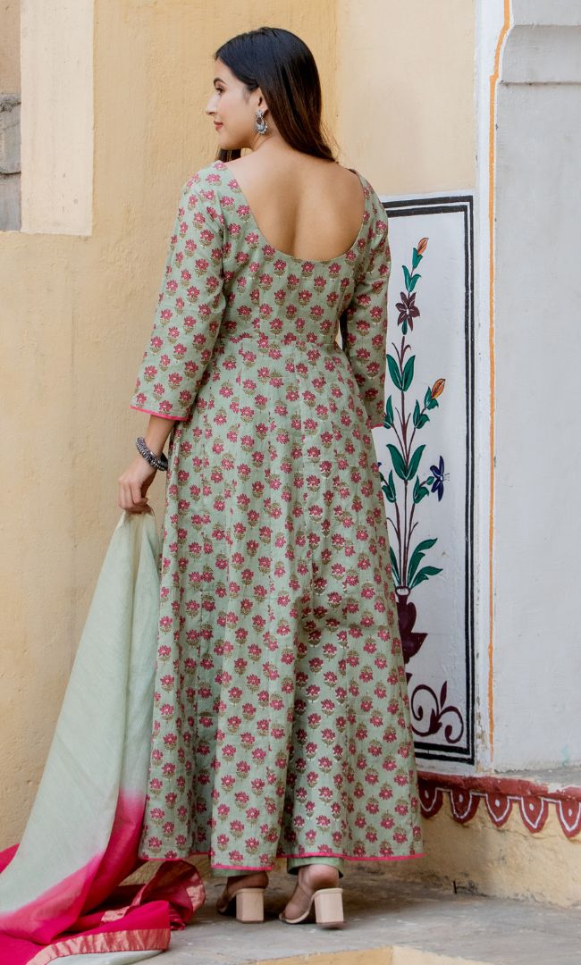 OLIVE GREEN LOOP ANARKALI KURTA PANT WITH DUPATTA SET