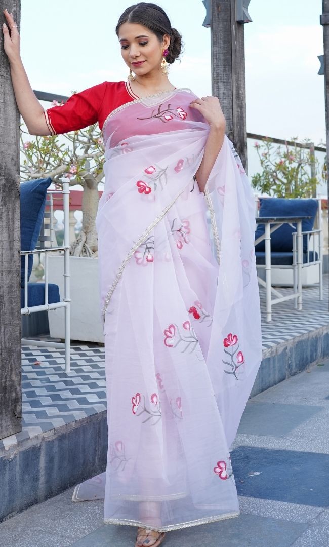 PINK ORGANZA HAND PAINTED SAREE
