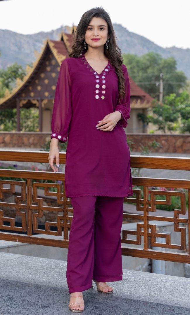 WINE MIRROR WORK KURTA SET