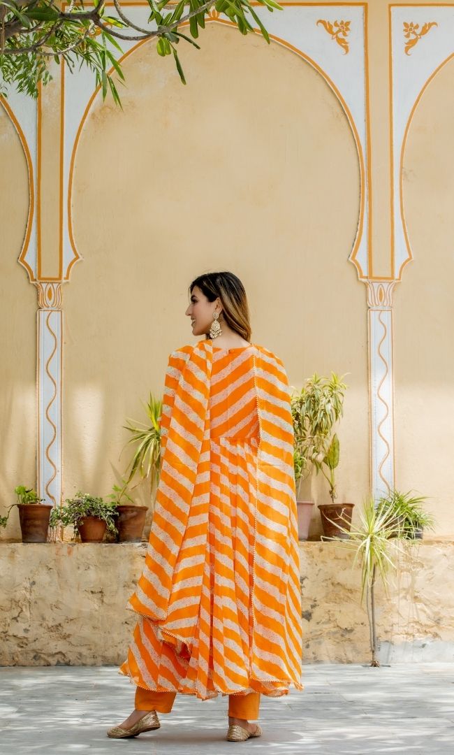 ORANGE TANGO LEHERIYA KALIDAR KURTA PANT WITH DUPATTA SET