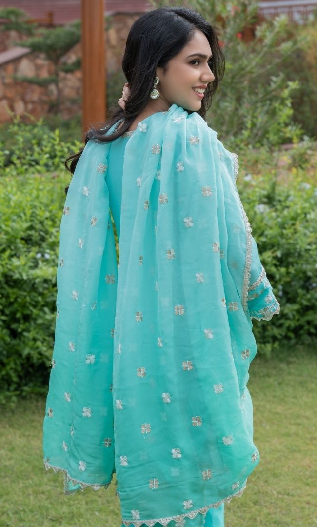 OMBRE GREEN EMBROIDERED SUIT SET