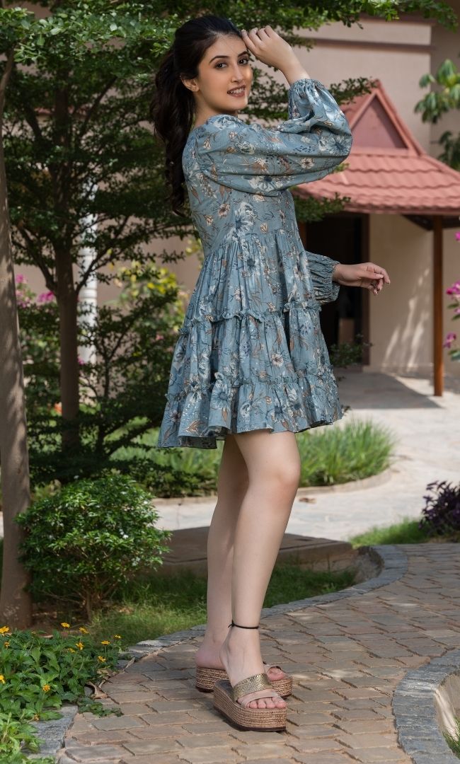Subtle Grey Tropical Printed Dress