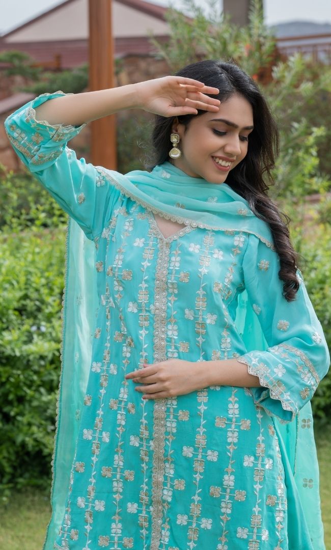 OMBRE GREEN EMBROIDERED SUIT SET