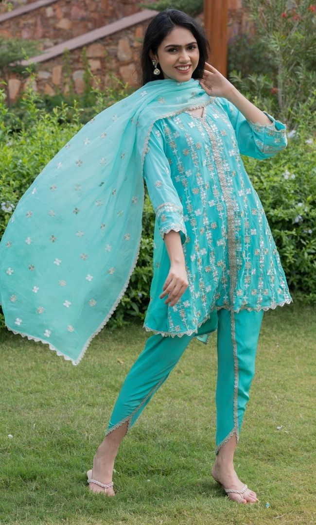 OMBRE GREEN EMBROIDERED SUIT SET