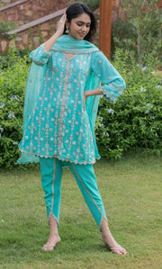 OMBRE GREEN EMBROIDERED SUIT SET