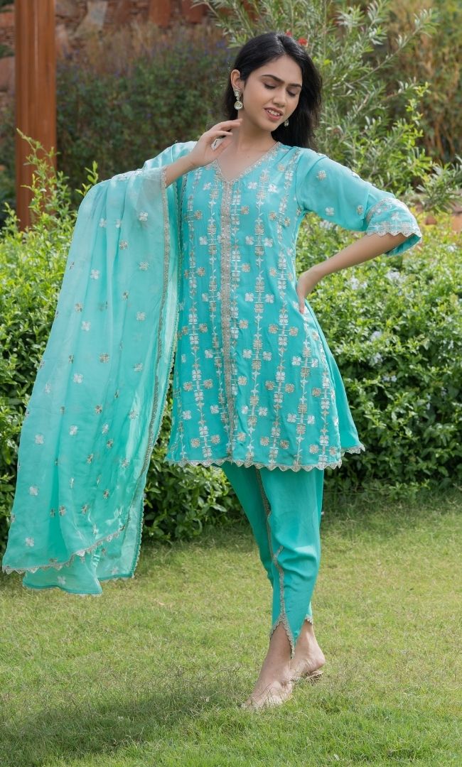 OMBRE GREEN EMBROIDERED SUIT SET