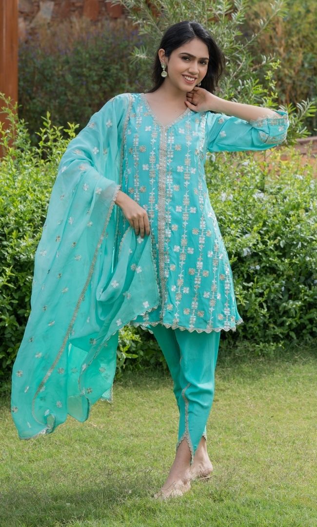 OMBRE GREEN EMBROIDERED SUIT SET