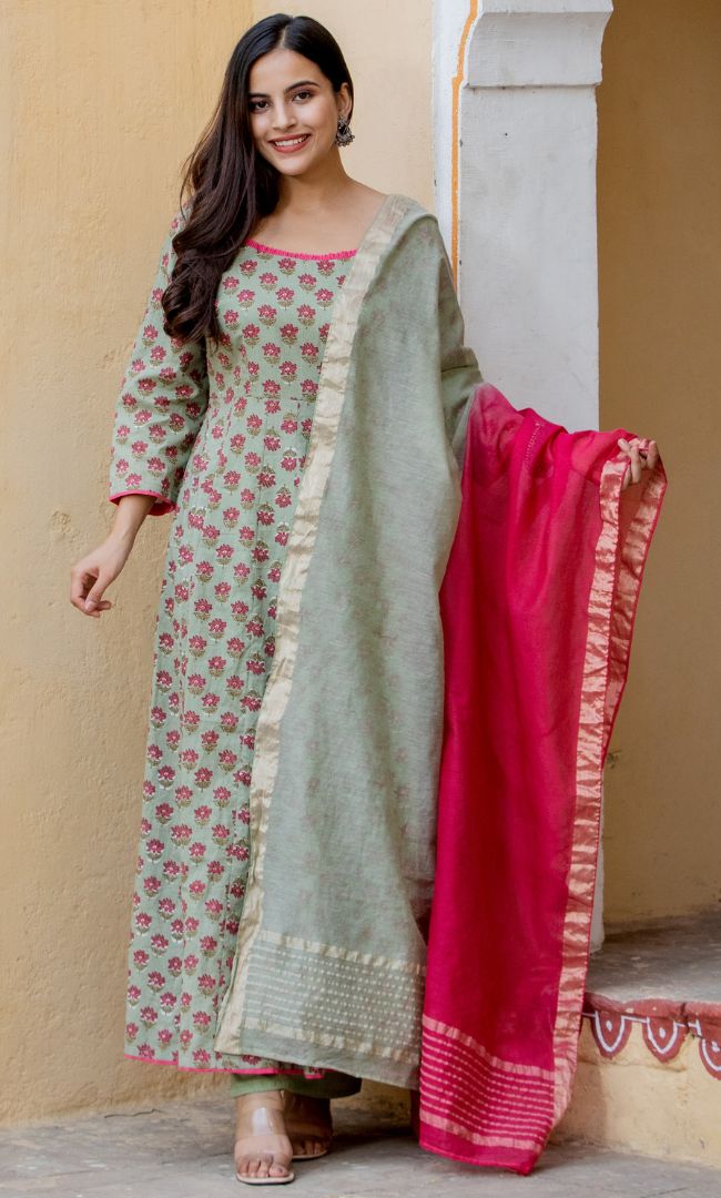 OLIVE GREEN LOOP ANARKALI KURTA PANT WITH DUPATTA SET
