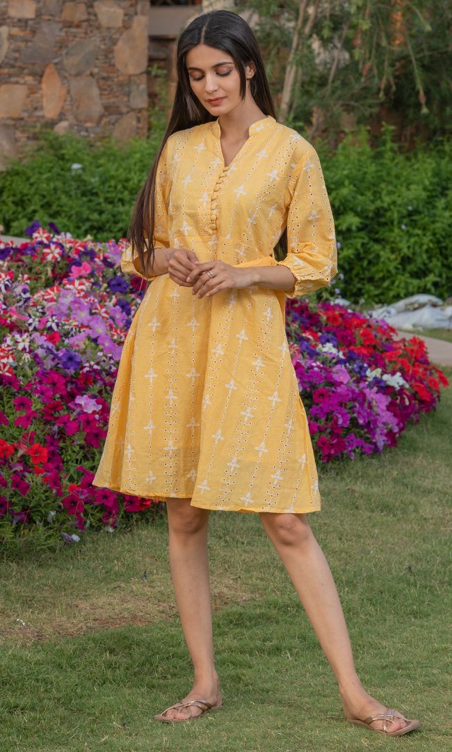 CANARY YELLOW CUT WORK DRESS