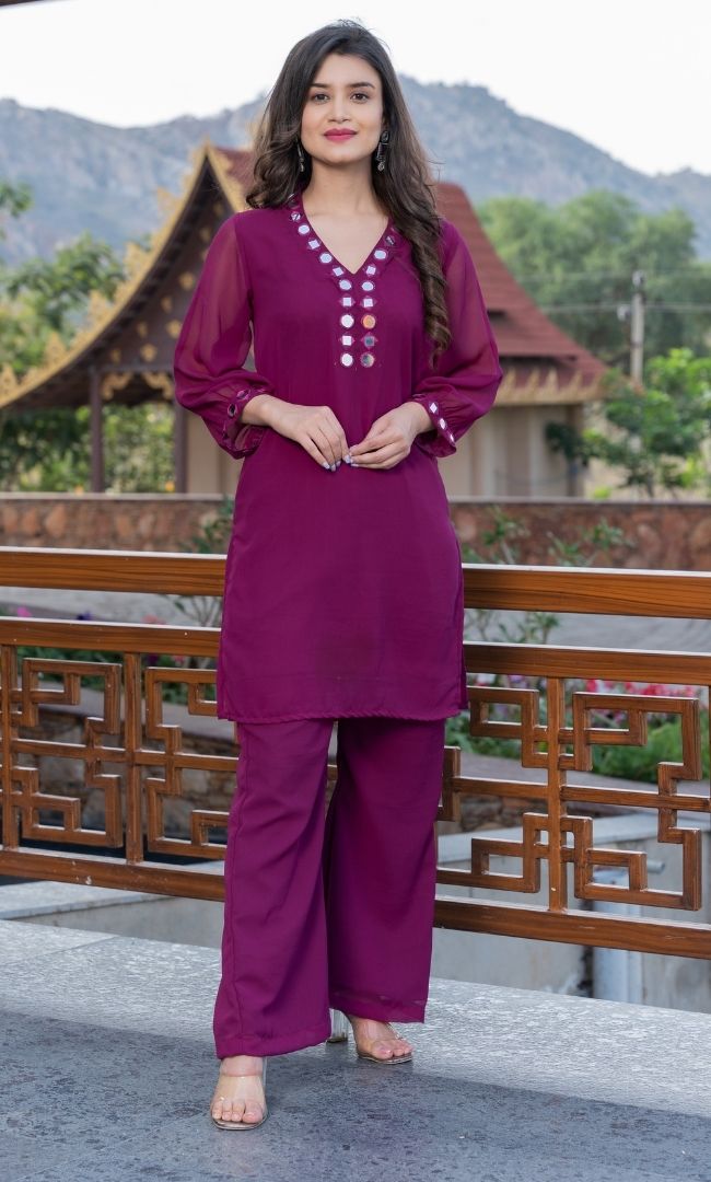 WINE MIRROR WORK KURTA SET