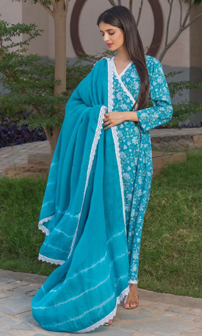 SEA GREEN FLORAL ANGRAKHA SET