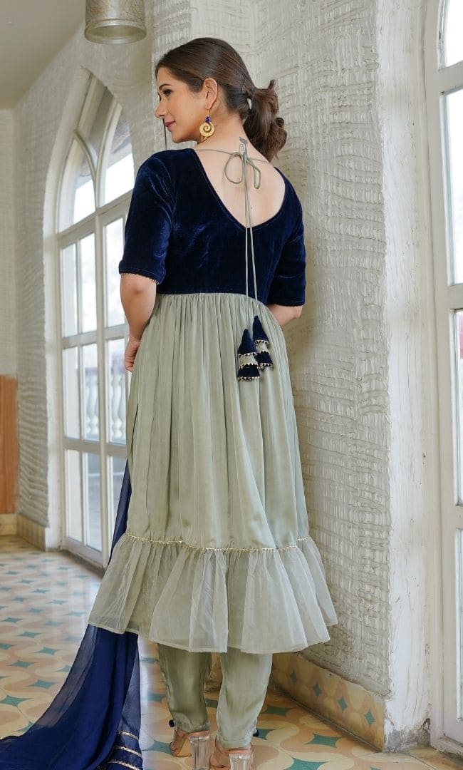 TAUPE BLUES RUFFLED KURTA PANT WITH DUPATTA SET