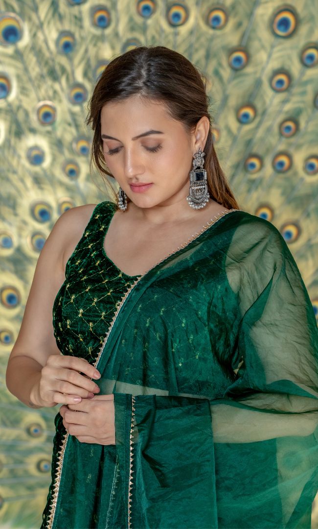 COBALT GREEN CROSS SEQURNCE VELVET LEHENGA SET