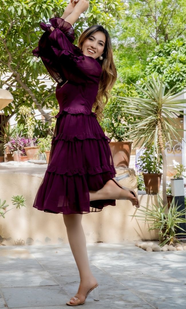 DARK GRAPE RUFFLE TIRED MINI DRESS
